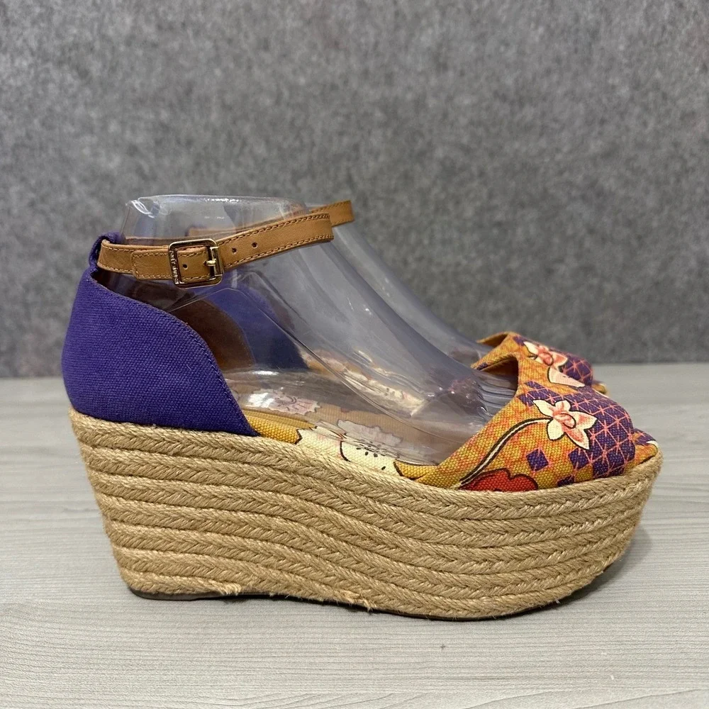 Tory Burch Sherri Mid Wedge‎ Espadrille Sandals Floral Ankle Strap Women's Sz 8